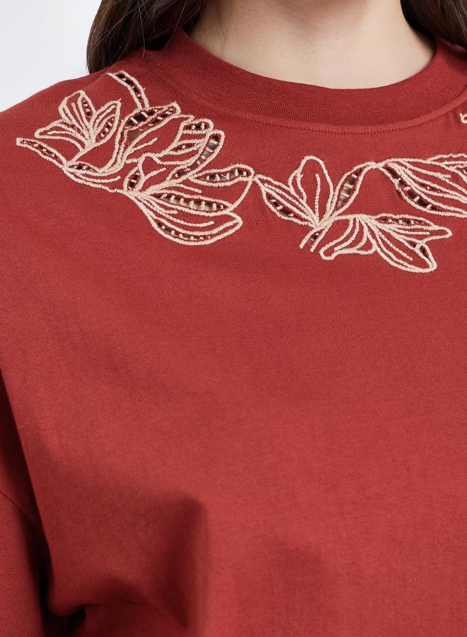 Styli Women Red Embroidered Oversized T-Shirt - Image 3